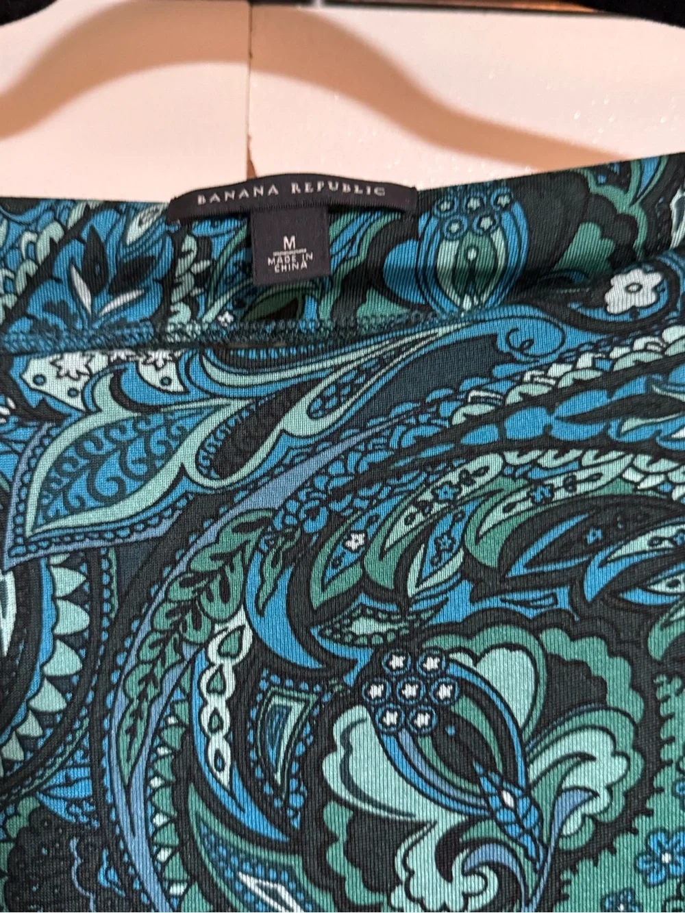 Banana Republic Paisley Shift Dress Teal Blue Long Sleeve Silk Cotton Medium